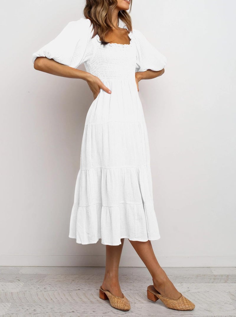 R.Vivimos Women's Summer Cotton Lantern Sleeves Ruffled Off Shoulder A-Line Midi Dresses (Large, White) - Image 4